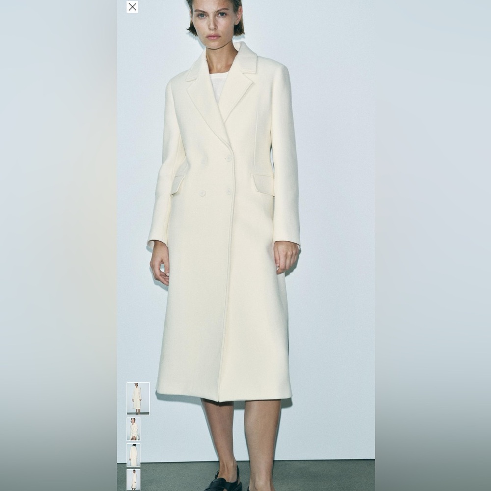 NWOT Zara Cream Double-Breasted Manteco Wool Blend Trench Coat